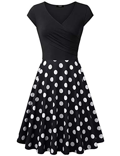Lotusmile Elegant Dresses, Womens Casual Dress A Line Cap Sleeve V Neck Black White, Medium