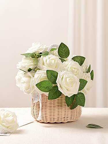 Beautiful Handmade Artificial Roses 25 Per Box With 8 Sets Of Leaves. Fake Flowers With 3" Head, 8" Wire Stem, Impressive Detail, Made Of Realistic Latex Foam For Wedding, Home, Event (03 Ivory) #TOP1