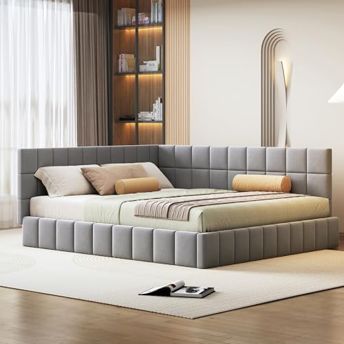 Arhatreya Sofá cama de 160 x 200 cm, cama tapizada con somier de láminas de agradable al tacto, cama multifunción para salón, dormitorio, tela de terciopelo gris (sin colchón)
