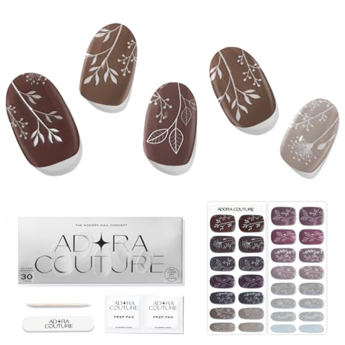 Adora Couture Semi Cured Gel Nail Strips with 30 Pieces, Salon Quality Nail Wraps for Women, Boho Pattern Brown Nude Matte UV Gel Nail Stickers, UV Light Required, Boho