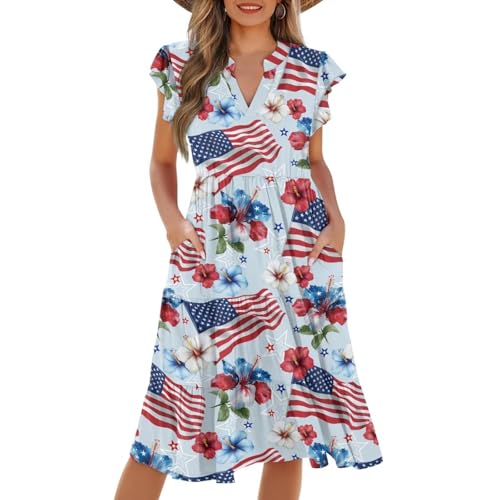 Image of Women's Casual Ruffle Sleeve Dress V Neck Pullover Dress Flowy A-Line Pleated Lightweight Dress with Pockets