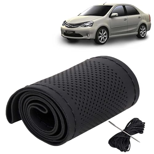 Image of KINGSWAY PU Leatherite Car Steering Cover Sewable Compatible with Toyota Etios (Year 2010 Onwards), Black Color with Black Thread, Pack of 1 with Sewing Needle and Thread