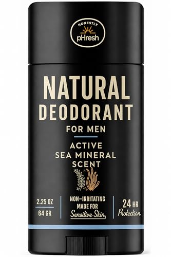 Image of Honestly pHresh Prebiotic Natural Deodorant for Men - Aluminum & Baking Soda Free with 24 Hour Odor Protection. Clean Vegan Deodorant for Sensitive Skin. Made In USA - Active Sea Mineral Scent, 2.5 oz