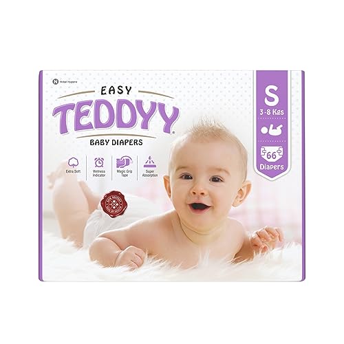 TEDDYY Easy Baby S Size Diaper Tape Style |66 Count (Small) | 3-8 kgs (Pack of 1)|Quick Absorbency | Extra Super Soft |Anti - Bacterial |Colour Changi
