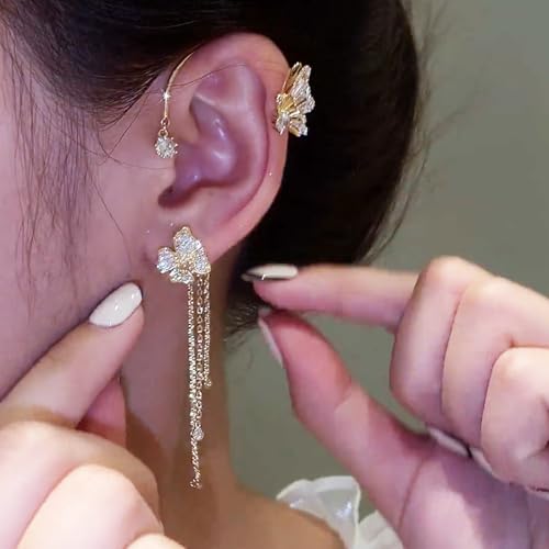 Butterfly Ear Cuffs Earrings Rhinestone Butterfly Flower Ear Wrap No Piercing Tassel Earrings for Women4