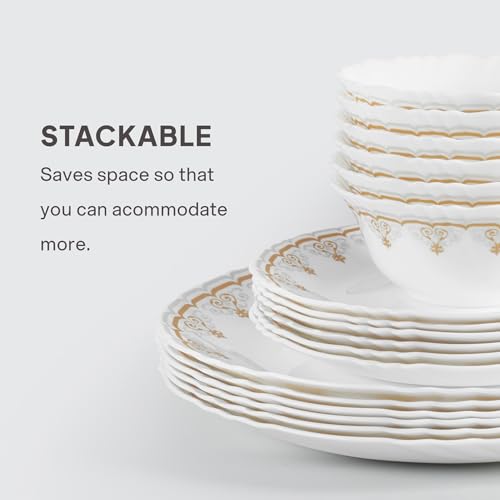 Image of CELLO Victor Imperial Plus Series Opalware Dinner Set of 33 Pieces For Family of 6 | Bone-Ash Free & Leadfree Opal Glass Microwave & Dishwasher Safe Crockery Plates & Bowls Set For Daily Use & Gifting
