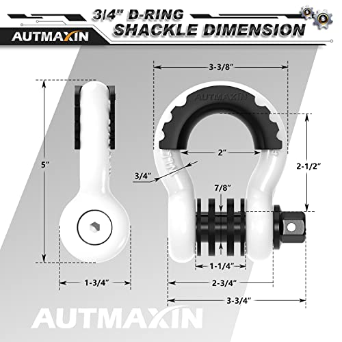Autmaxin D Ring Shackles 3/4" Shackle (2 Pack) - 58,000Ibs Break Strength With 7/8" Anti-Loose Security Pin, Shackle Isolator Washer Kits For Tow Strap Winch Off-Road Vehicle Recovery, White & Black #TOP4