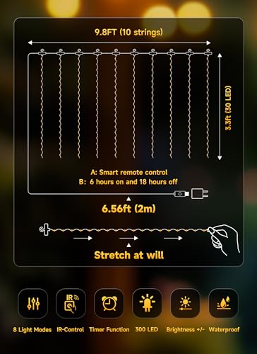 Brightown 300 LED Curtain Lights, 9.8 FT Plug in Fairy Lights for Bedroom, 8 Lighting Modes, Christmas Hanging Lights for Window Backdrop Wall Wedding Party Birthday Christmas Decoration, Warm White