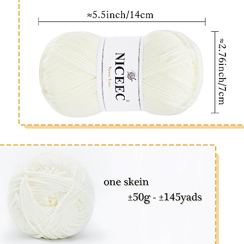 Image of NICEEC 300g Soft Assorted Colors Yarn - Sport Weight,100% Acrylic, 4 Ply, Bonbons Yarn for Crochet & Knit, DIY Project Starter Kit for Kids or Adults(Total 870yds) - White