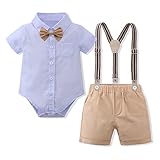 Baby Jungen Gentleman Anzüge Kleinkinder Kurzarm Fliege Shirt Strampler Hosenträger Shorts Overall Festlich Festanzug Taufe Hochzeit Formal Abend Sommer Bekleidungsset Taufanzug Blau + Khaki 9-12M