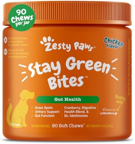 Zesty Paws Stay Green Bites for Dogs - Grass Burn Soft Chews for Lawn Spots Caused by Dog Urine - with Cranberry for Urinary Tract & Bladder - Chicken - 90 Count