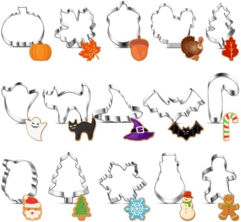 Layhit 15 Pcs Fall Cookie Cutters Holiday Cookie Cutters Set Halloween Cookie Cutters Pumpkin Maple Ghost Gingerbread Man Cutters for Fall Thanksgiving Halloween Christmas Party, 15 Shapes