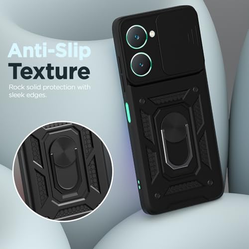 Image of Pikkme D10 Tough Armor Bumper Case | 360 Protection Case | Sliding Camera Shield Cover & Ring Holder Stand Back Cover for iQOO Z9 Lite 5G / Vivo T3 Lite 5G / Vivo Y18 / Y18e / Y03 (Black)