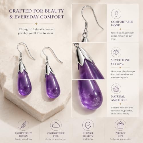 Natural Amethyst Earrings for Women Crystal Dangle Drop Birthstone Jewelry - image 5