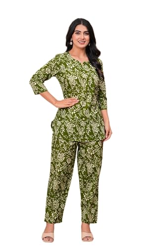 Image of MEERA FAB Women Printed V-Neck Pure Cotton Tunic with Trousers Co-Ords Set