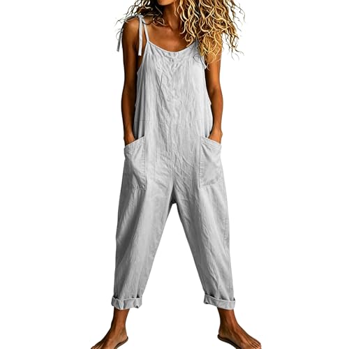 Image of Linen Blend Loose Fit Dungarees, Cropped Jumpsuit for Women UK, Casual Grey