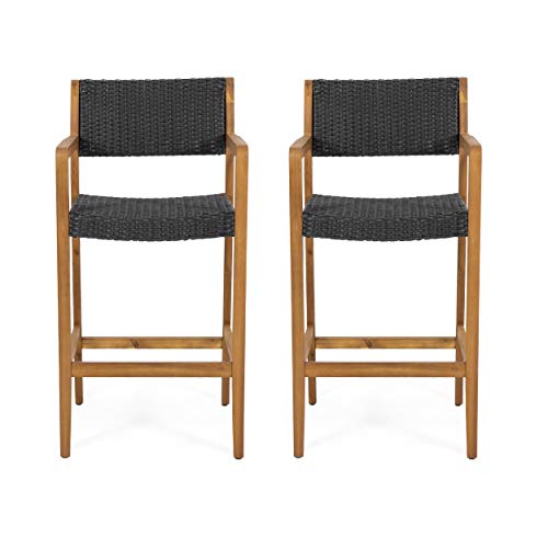 Christopher Knight Home 312831 Bridget Outdoor Acacia Wood Barstools with Wicker (Set of 2), Teak and Black