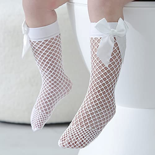 MBMSHEGH 2 Pairs Kids Toddler Girl Knee High Fishnet Socks Mesh Stockings+ Bowknot Fancy Glitter Tights Dress Socks3