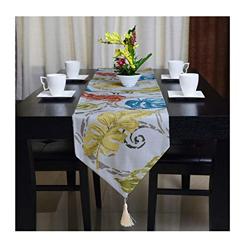 AueDsa para Caminos de Mesa 33x200CM,Camino Mesa Salon Simple Hojas con Borlas Camino de Mesa Poliéster Colorido Cover