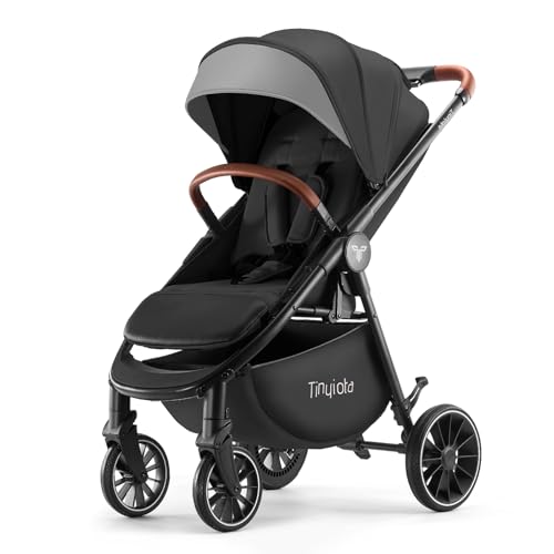 Image of Tinyiota Stroller for Babies,Toddler Strollers with Large UPF 50+ Canopy,Luxury Baby Stroller with Leather Handle & Spacious Seat, One-Hand Foldable Pushchair,Baby Carriage with Lie-Flat Mode(Black)
