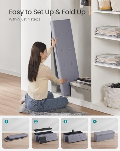 Image of SONGMICS MAZIE Collection - 43 Inches Folding Storage Ottoman Bench, Ottoman with Storage, Foot Rest Stool, Load 660 lb, for Living Room, Synthetic Leather, Light Gray ULSF70GY