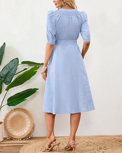 Women's Cotton Linen Midi Dress Button Down A Line Flowy Summer Holiday Long Dress with Belt3