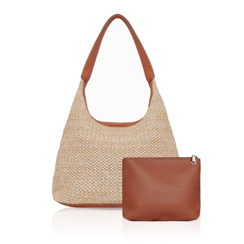 Sacola feminina de palha - Bolsa de mão Boho para o verão de 2025, Damasco