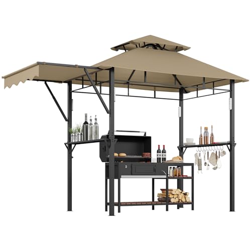 8x5 ft Grill Gazebo, Double Tired Outdoor Patio Canopy Tent with Side Awning Shelves,4 LED Lights,10 Hooks & Bottle Opener,Heavy Duty Steel Frame Grilling Canopy for Patio Backyard Garden Pi