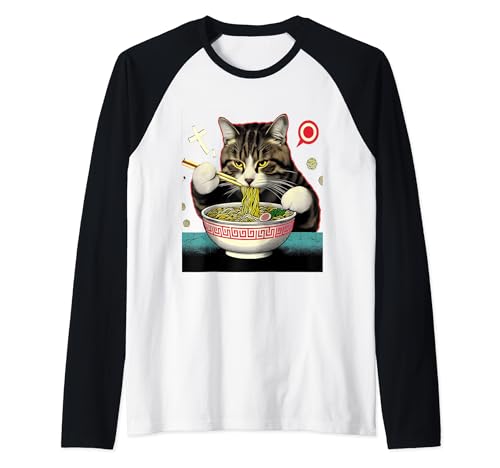 Funny Cat Ramen Fiesta Kitten Anime Ramen Entusiasta Camiseta Manga Raglan