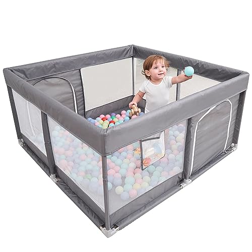 PandaEar Large Baby Playpen Parc pour Bébé, Sturdy Baby Play Yards with Soft Breathable Mesh, Indoor & Outdoor Baby Fence for Kids Toddler Infant Safety (50″×50″)-Grey