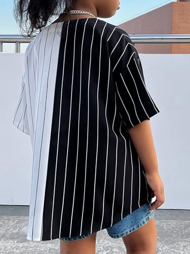 Verdusa Girl's Letter Print Striped Drop Shoulder Loose Shirt Casual Button Down Blouse Top2
