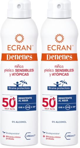 Ecran Denenes - Bruma Protectora Solar FPS 50+ para Niños en Spray, 80 Minutos de Protección UVB, UVA e IR-A, con Extracto de Algodón y Vitamina E, Pieles Sensibles y Atópicas - 250 ml (Paquete de 2)