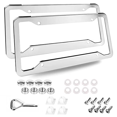 2 Pcs 4 Holes Stainless Steel License Plate Frame，Car License Plate Holder Bracket With Mount Hardware ，Screw， Caps Cover Set Car Accessories #TOP4
