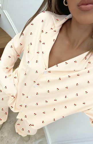 Image of Dressmine Ladies Long Sleeve Cute Pajama Sets 2 Piece Fall Outfits Button Up Pjs Set Loungewear