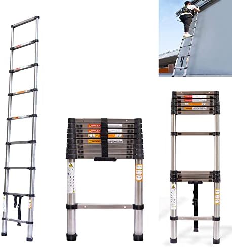 Telescoping Ladder 8.5 FT, Stainless Steel Extension Extendable Ladder with Safe Locking Mechanism, Multi-Purpose Telescopic Collapsible Ladders for Home, RV, Outdoor, 330 lbs Capacity