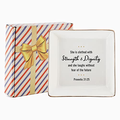 EYONGLION Christian Gifts For Women Friend - Ceramic Jewelry Tray Proverbs 31- She Is Clothed In Strength And Dignity Ring Dish,Christian Graduation Gifts For Daughter