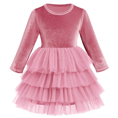 Toddler Christmas Dress: Girls Fall Winter Long Sleeve Round Neck Velvet Tiered Princess Tulle Tutu Dress Wedding Holiday Birthday Party Solid Color Photoshoot Dress Pink 7-8 Years