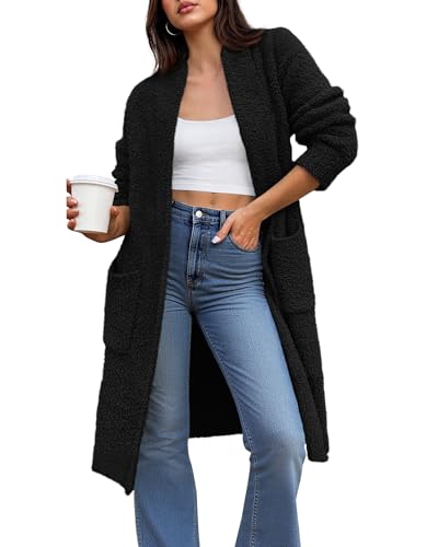 BTFBM Long Cardigans for Women Fall 2025 Long Sleeve Sweaters Open Front Oversized Casual Knit Outwear Winter Coats(Black, Large)