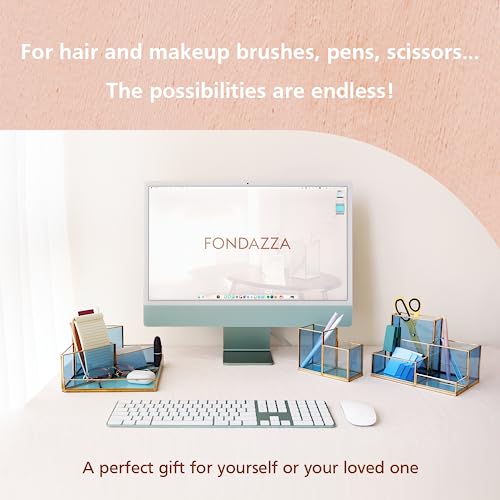 Fondazza 5-Compartment Desk Organizers And Accessories For Home Office Supplies, Blue Glass With Gold Brass Trim Office Décor, Pen Holder, Makeup Brush Holder #TOP3