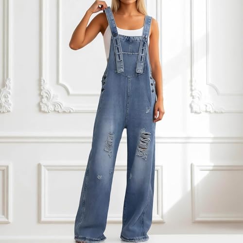 Peto vaquero para mujer de estilo retro holgado con tirantes ajustables y pernera ancha 3