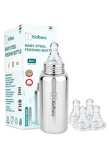 Image of Kidbea Steel Feeding Bottle 250ml for Newborns with Extra 4 Silicon Nipples | BPA Free, Food Grade, Leakproof | Safe & Durable Baby Milk Feeder