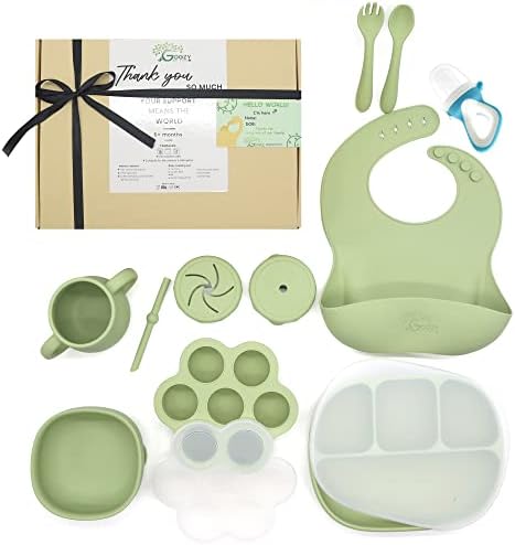 Silicone Baby Feeding Set - Food Safe Baby Feeding Supplies, 1 Suction Plate With Lid, Suction Bowl, 3 In 1 Cup, Spoon, Fork, 1 Adjustable Bib, Ice Molding, Fruit Pacifier, Easy To Clean