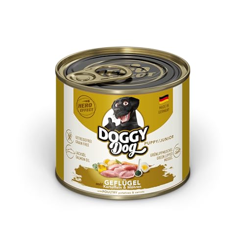 DOGGY Dog Paté Geflügel Puppy/Junior, 6 x 200 g, Nassfutter für junge Hunde, getreidefreies Welpenfutter mit Lachsöl und Grünlippmuschel, Hundefutter mit Kartoffeln und Möhre, Made in Germany