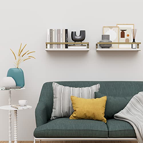 Mzf Home Decor Floating Shelves, Wall Shelves With Towel Bar/Hooks, Bathroom Wall Decor, Floating Shelves Wood For Bathroom/Living Room/Kitchen/Bedroom,(Gold-White) Floating Bathroom Shelves #TOP4