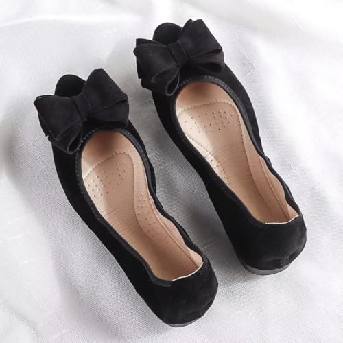 Stunner Womens Dress Flats Bow Pointed Toe Foldable Flats Comfort Slip on Wedding Shoes Black 44(12) 24