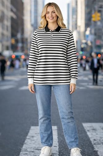 Image of Mack Jonney Women's Striped Polo T-Shirt | Full Sleeves | Collared Casual Cotton Tee | Regular Fit Top-M7372