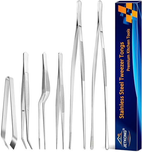 JETKONG 6 Pcs Cooking Tweezer Tongs, 12'' and 6.3' Stainless Steel Kitchen Tweezer Set, Professional Chef Tweezers for Cooking, Repairing, Sea Food, BBQ, Multi-use