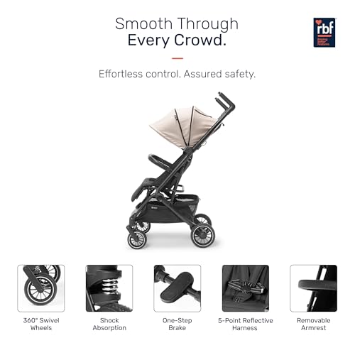 Image of Growgether GOLITE Stroller for Baby 0-3 Years (Up to 22Kg), Cabin Ready Lightweight Travel Stroller, 5-Point Harness, Full Recline, UPF50+ Canopy, 360 Swivel Wheels, Mosquito Net, 1 Yr Warranty, Beige