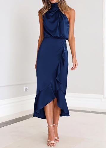 Image of KIRUNDO Women's Summer Satin Mock Neck Wedding Guest Dress | Party Cocktail Midi Dress, 2026 Spring Fashion, Silky, Elegant Classy Halter High Neck, Sleeveless Wrap Ruffle Formal Dress