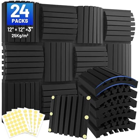 Focusound 24 Pack Curved Acoustic Foam Panels 3" x 12" x 12" Sound Proof Foam Panels Soundproofing Noise Cancelling Wedge Panels for Home Office Recoding Studio with 150 PCS Double-Side Adhesive Cover